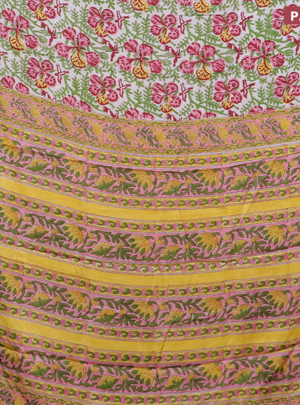 Modal silk saree off white and peach pink with allover kalamkari prints and printed border