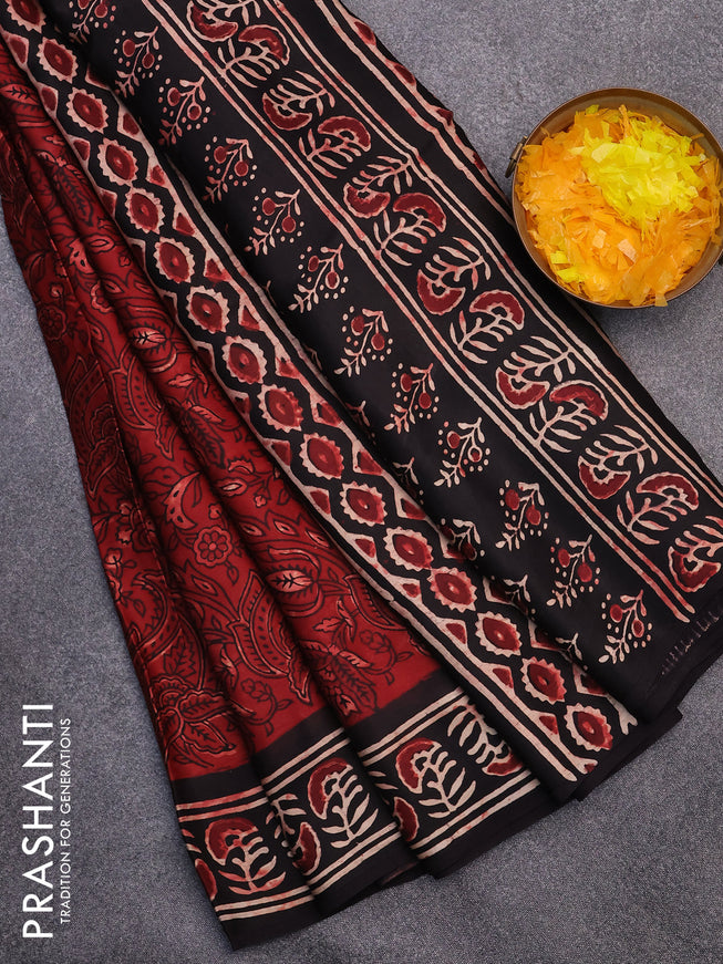 Modal silk saree maroon and black with allover kalamkari prints and printed border