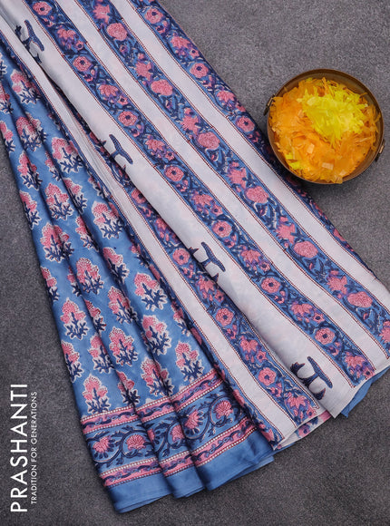 Modal silk saree blue with floral butta prints and printed border