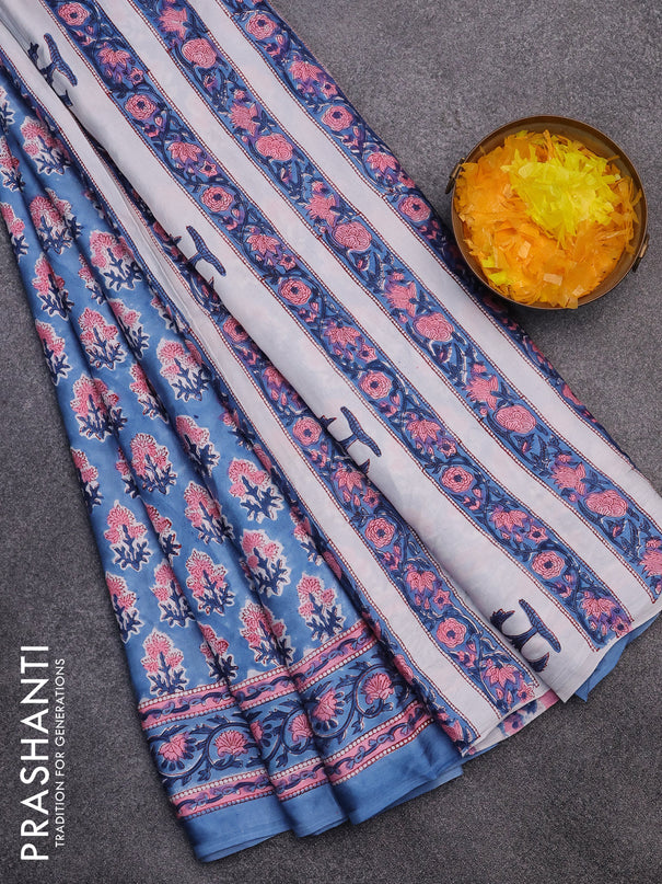 Modal silk saree blue with floral butta prints and printed border