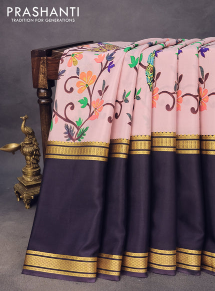 Pure mysore silk saree pastel pink and deep jamun shade with allover kalamkari digital prints and rettapet zari woven border