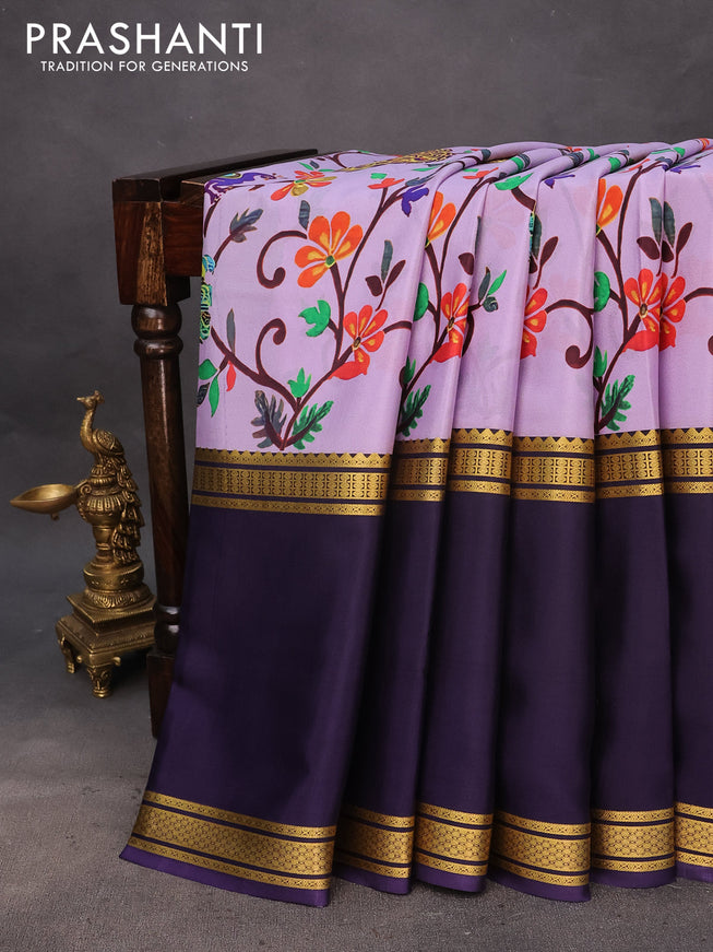 Pure mysore silk saree lavender shade and violet with allover kalamkari digital prints and rettapet zari woven border