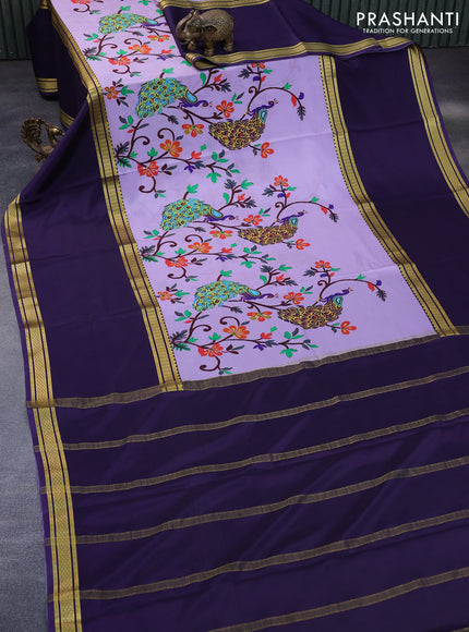 Pure mysore silk saree lavender shade and violet with allover kalamkari digital prints and rettapet zari woven border