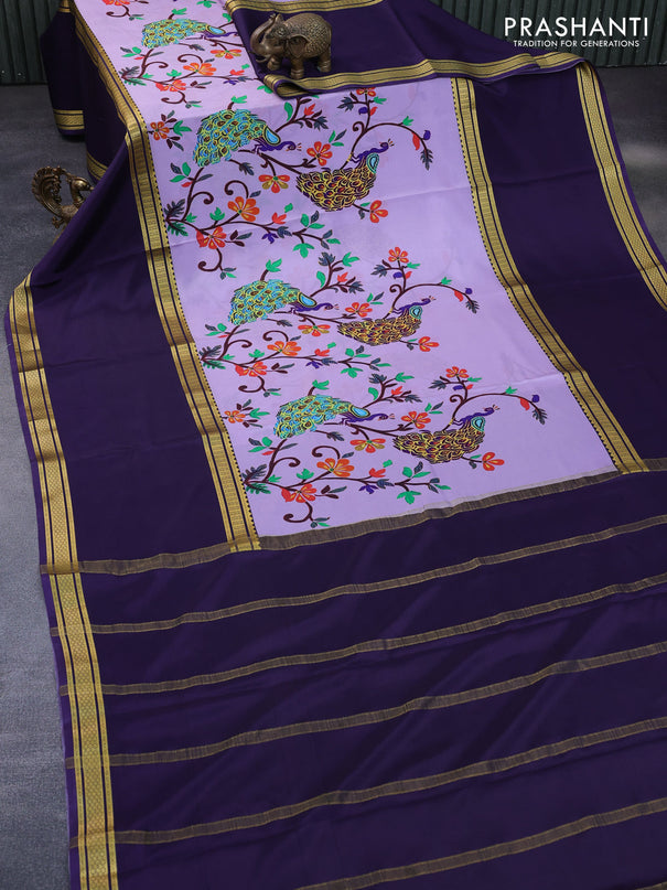 Pure mysore silk saree lavender shade and violet with allover kalamkari digital prints and rettapet zari woven border