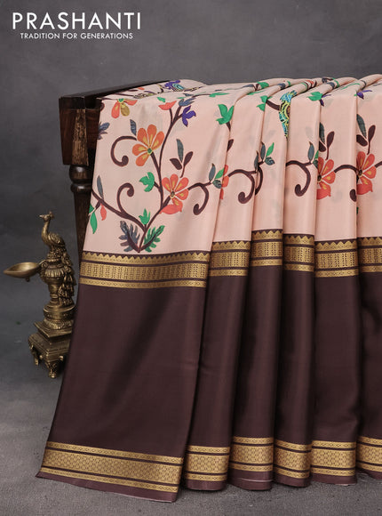 Pure mysore silk saree mild peach and coffee brown with allover kalamkari digital prints and rettapet zari woven border