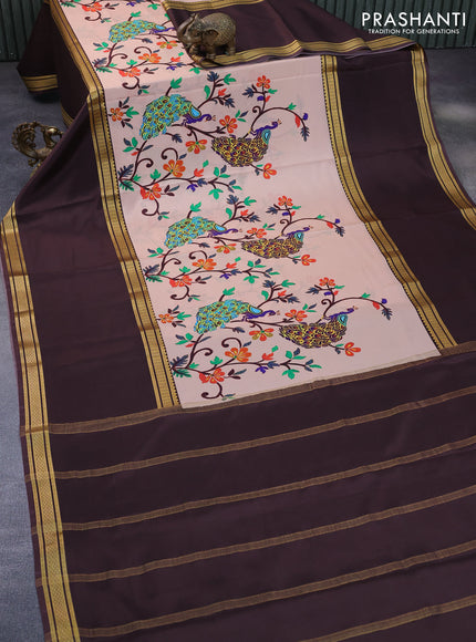 Pure mysore silk saree mild peach and coffee brown with allover kalamkari digital prints and rettapet zari woven border