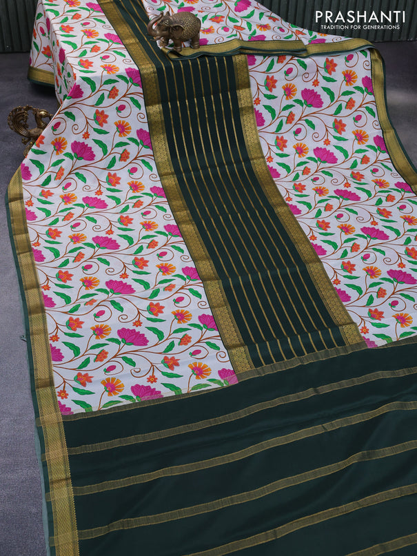 Pure mysore silk saree bottle green and off white with allover zari weaves and kalamkari digital printed border