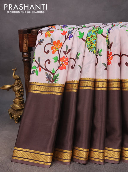 Pure mysore silk saree off white and coffee brown with allover kalamkari digital prints and rettapet zari woven border