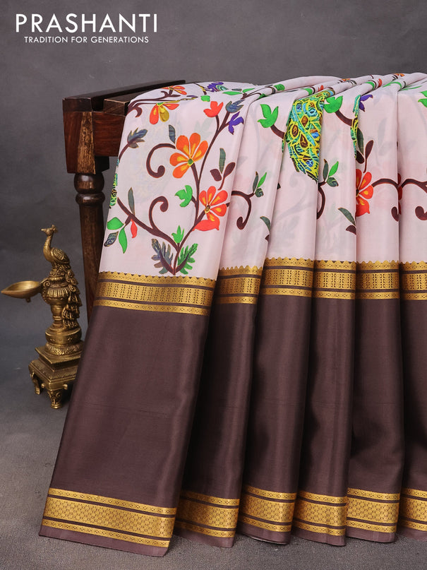 Pure mysore silk saree off white and coffee brown with allover kalamkari digital prints and rettapet zari woven border