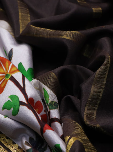 Pure mysore silk saree off white and coffee brown with allover kalamkari digital prints and rettapet zari woven border