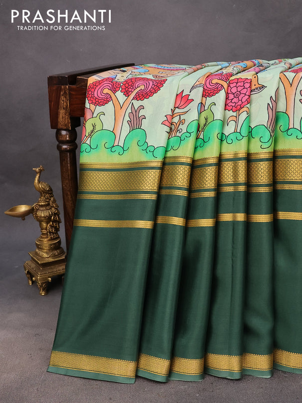 Pure mysore silk saree pastel green and green with allover kalamkari digital prints and rettapet zari woven border