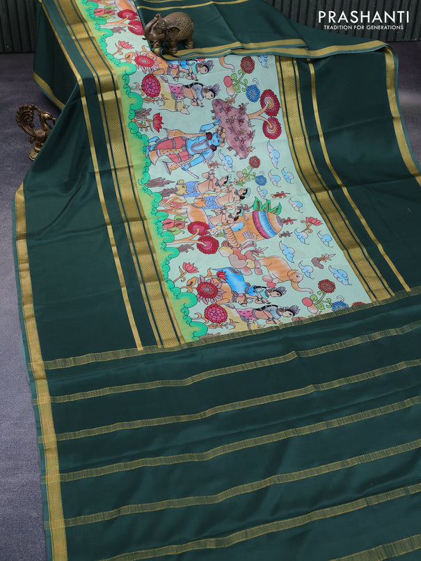 Pure mysore silk saree pastel green and green with allover kalamkari digital prints and rettapet zari woven border