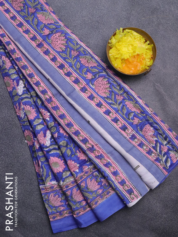 Modal silk saree blue with allover kalamkari prints and printed border