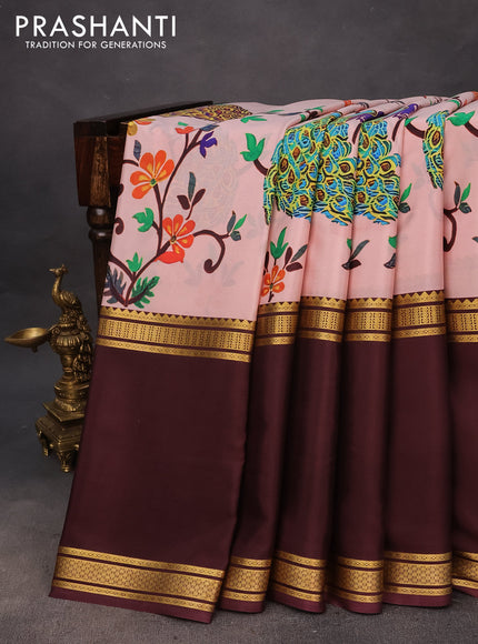 Pure mysore silk saree pastel peach and deep maroon with allover kalamkari digital prints and rettapet zari woven border