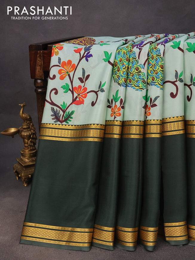 Pure mysore silk saree pastel green and dark green with allover kalamkari digital prints and rettapet zari woven border