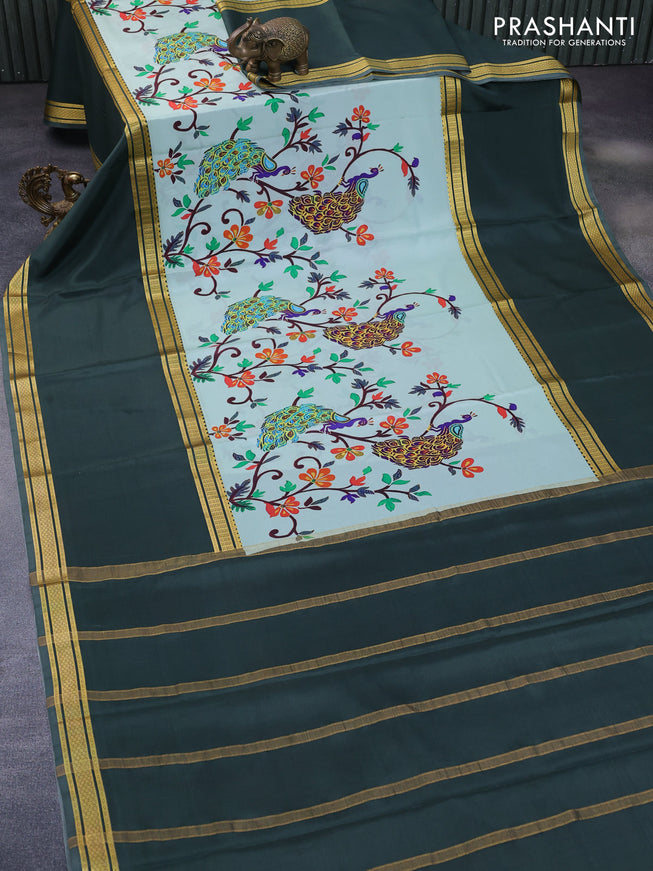 Pure mysore silk saree pastel green and dark green with allover kalamkari digital prints and rettapet zari woven border