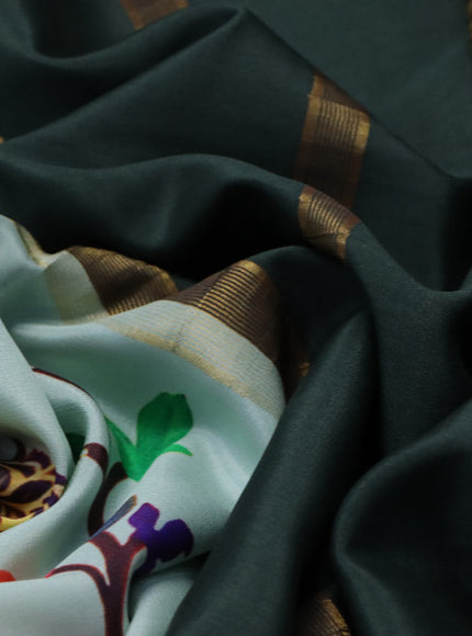 Pure mysore silk saree pastel green and dark green with allover kalamkari digital prints and rettapet zari woven border