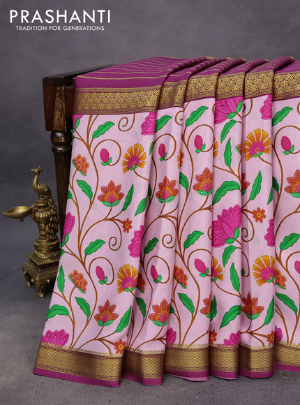 Pure mysore silk saree light pink and dark magenta pink with allover zari weaves and kalamkari digital printed border