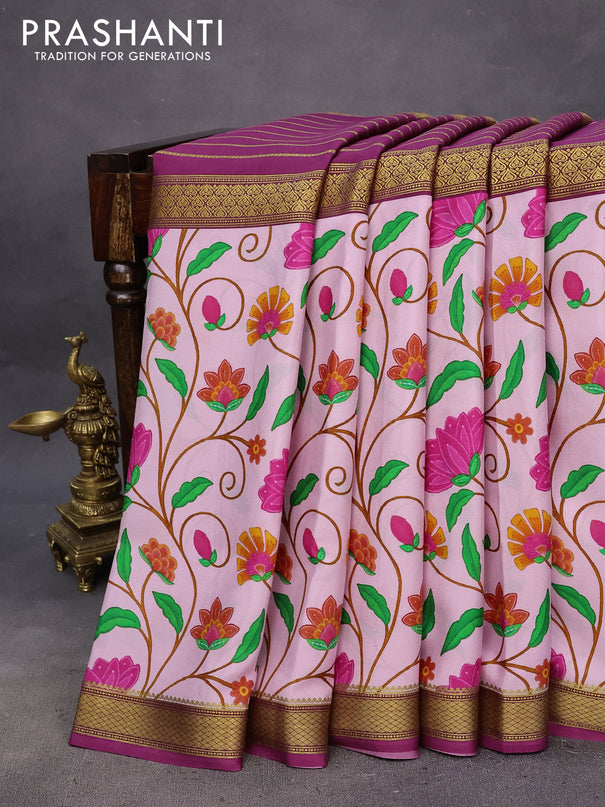 Pure mysore silk saree light pink and dark magenta pink with allover zari weaves and kalamkari digital printed border