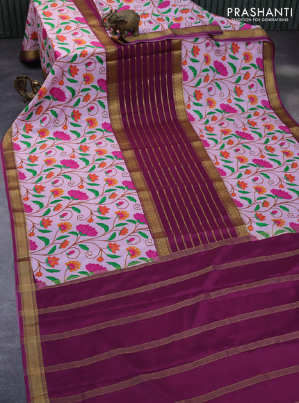 Pure mysore silk saree light pink and dark magenta pink with allover zari weaves and kalamkari digital printed border