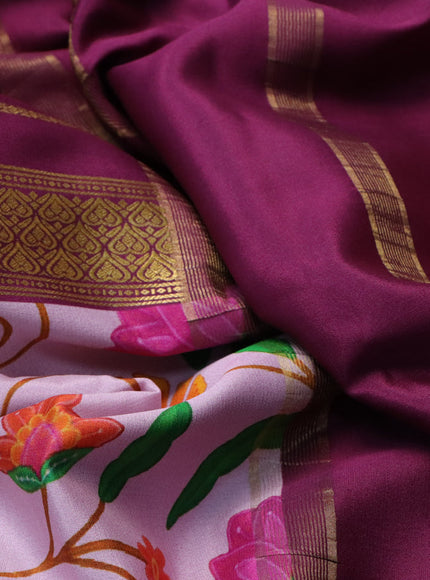 Pure mysore silk saree light pink and dark magenta pink with allover zari weaves and kalamkari digital printed border