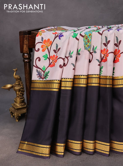 Pure mysore silk saree off white and deep jamun shade with allover kalamkari digital prints and rettapet zari woven border