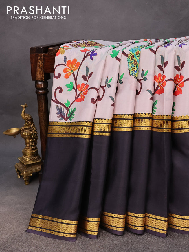 Pure mysore silk saree off white and deep jamun shade with allover kalamkari digital prints and rettapet zari woven border