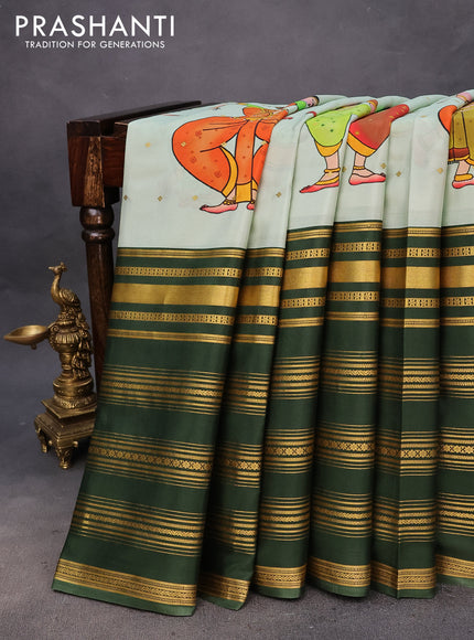 Pure mysore silk saree pastel green and sap green with allover zari buttas & kalamkari digital prints and long zari woven border