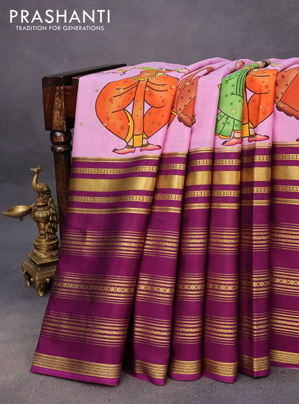 Pure mysore silk saree lotus pink and purple with allover zari buttas & kalamkari digital prints and long zari woven border