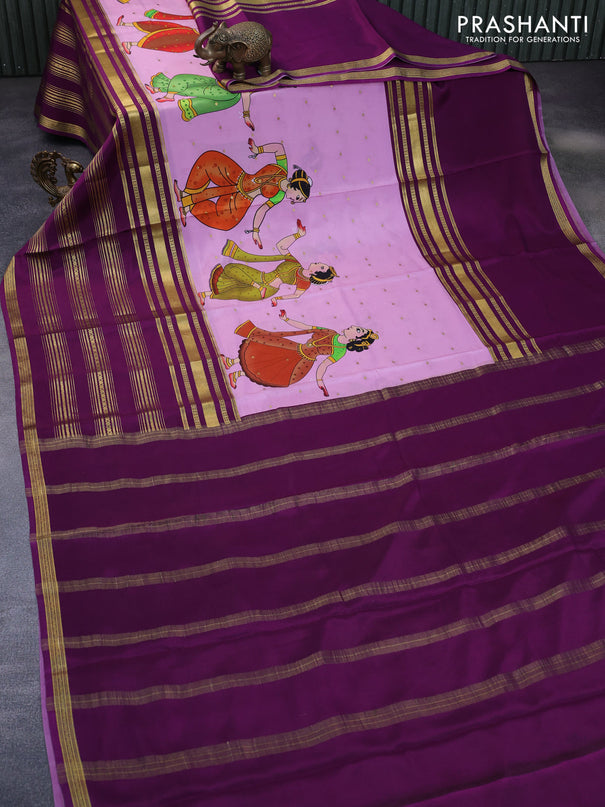 Pure mysore silk saree lotus pink and purple with allover zari buttas & kalamkari digital prints and long zari woven border