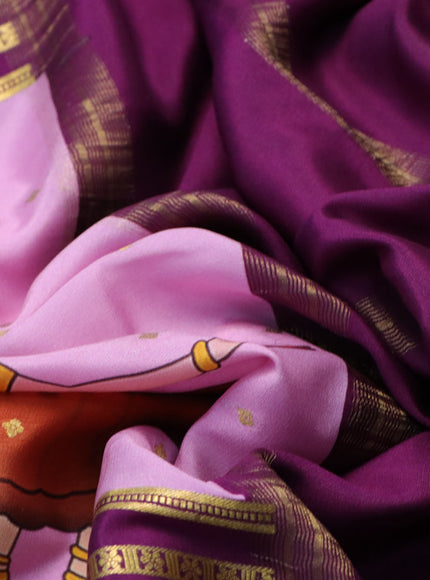 Pure mysore silk saree lotus pink and purple with allover zari buttas & kalamkari digital prints and long zari woven border