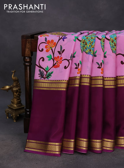 Pure mysore silk saree lotus pink and deep purple with allover kalamkari digital prints and rettapet zari woven border