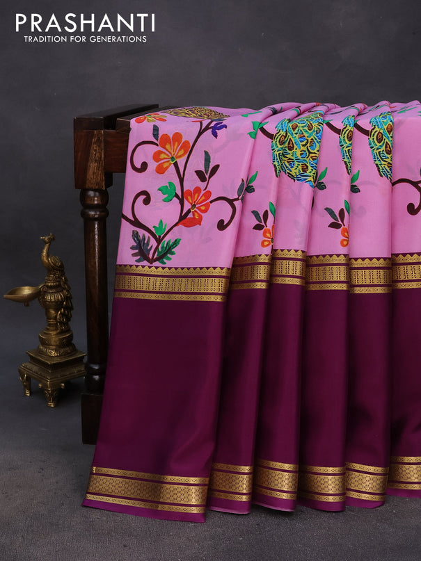 Pure mysore silk saree lotus pink and deep purple with allover kalamkari digital prints and rettapet zari woven border