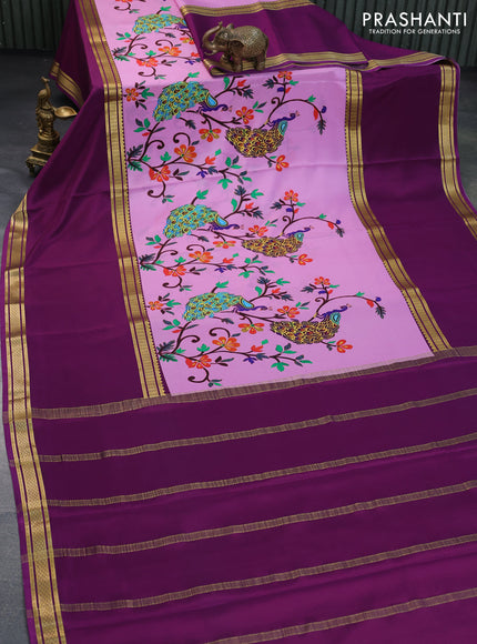 Pure mysore silk saree lotus pink and deep purple with allover kalamkari digital prints and rettapet zari woven border