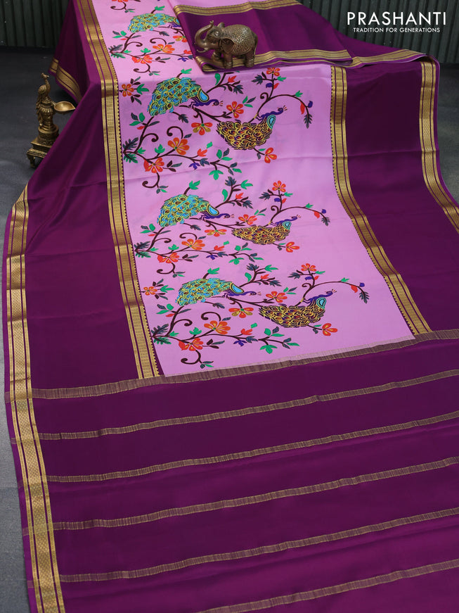 Pure mysore silk saree lotus pink and deep purple with allover kalamkari digital prints and rettapet zari woven border