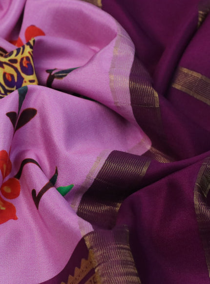 Pure mysore silk saree lotus pink and deep purple with allover kalamkari digital prints and rettapet zari woven border