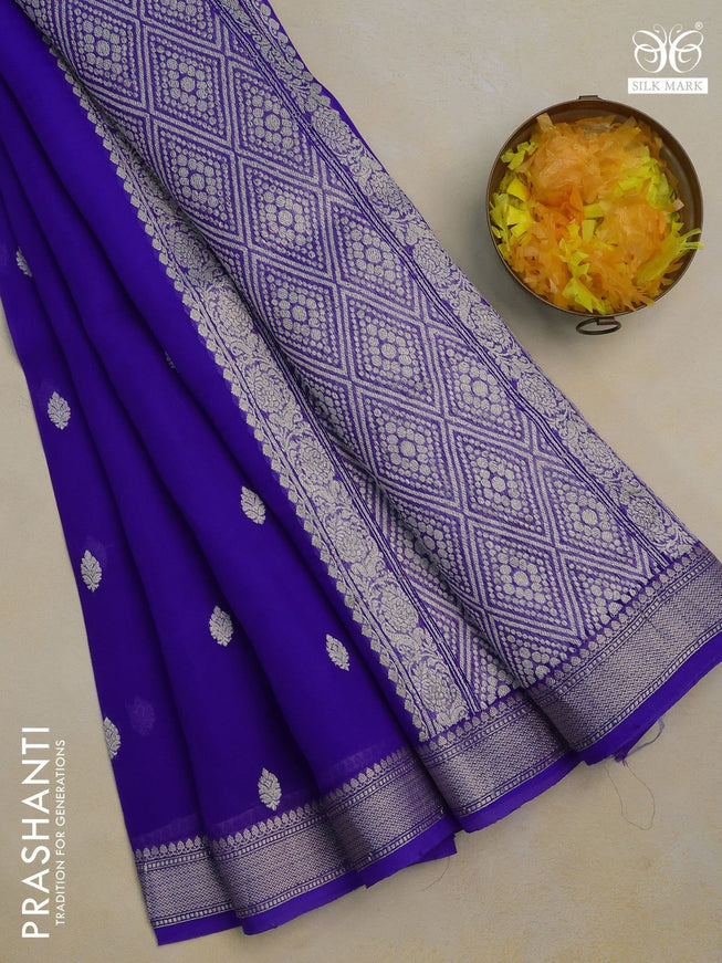 Banarasi organza silk saree royal blue with woven buttas and banarasi style border