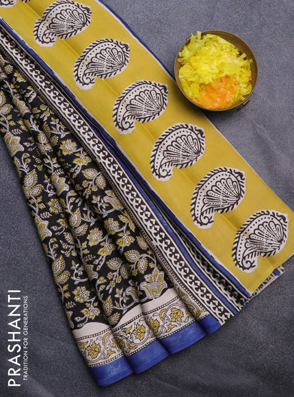 Modal silk saree black and blue with allover kalamkari prints and printed border