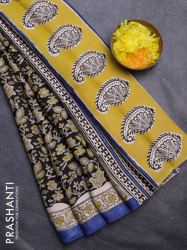 Modal silk saree black and blue with allover kalamkari prints and printed border