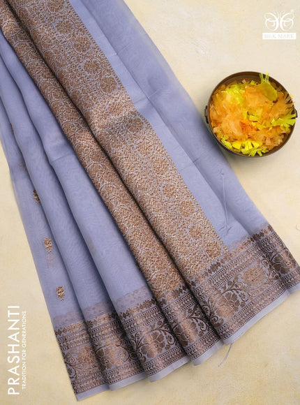 Banarasi organza silk saree grey with woven buttas and banarasi style border