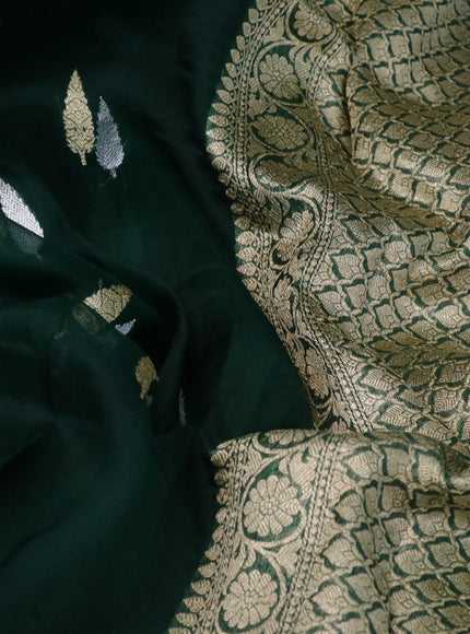 Banarasi organza silk saree dark green with thread & zari woven buttas and banarasi style border