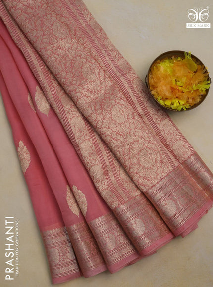 Banarasi organza silk saree peach pink with thread & zari woven buttas and woven border