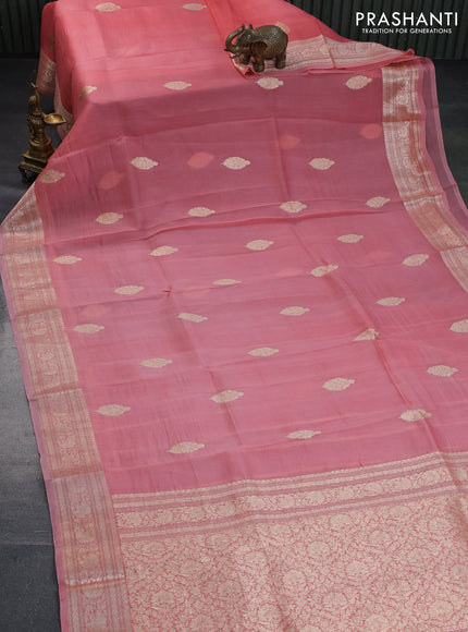 Banarasi organza silk saree peach pink with thread & zari woven buttas and woven border