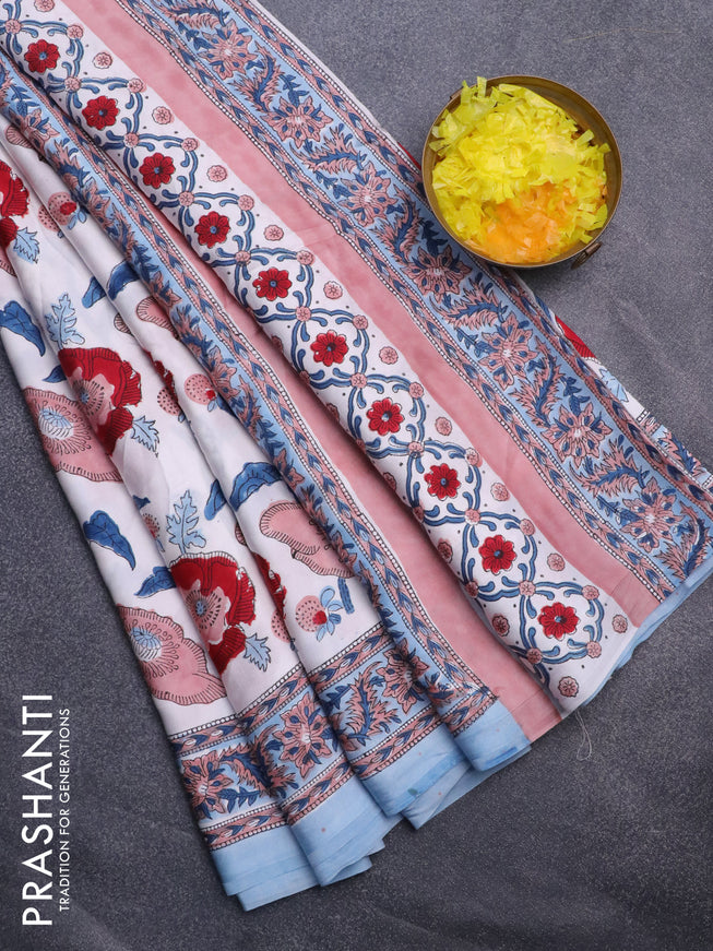 Modal silk saree off white and blue with allover kalamkari prints and printed border