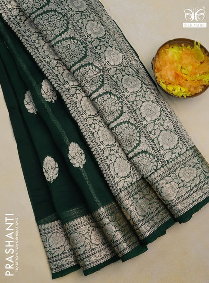 Banarasi organza silk saree dark green with thread & zari woven buttas and woven border