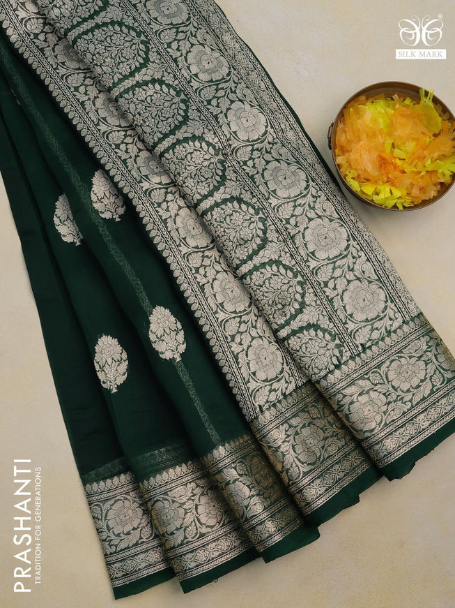 Banarasi organza silk saree dark green with thread & zari woven buttas and woven border