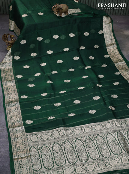 Banarasi organza silk saree dark green with thread & zari woven buttas and woven border