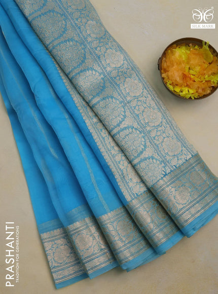 Banarasi organza silk saree light blue with thread & zari woven buttas and woven border