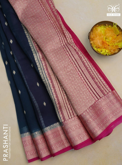 Banarasi organza silk saree peacock blue and pink with thread & zari woven buttas and woven border