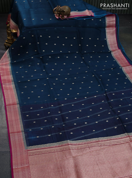 Banarasi organza silk saree peacock blue and pink with thread & zari woven buttas and woven border